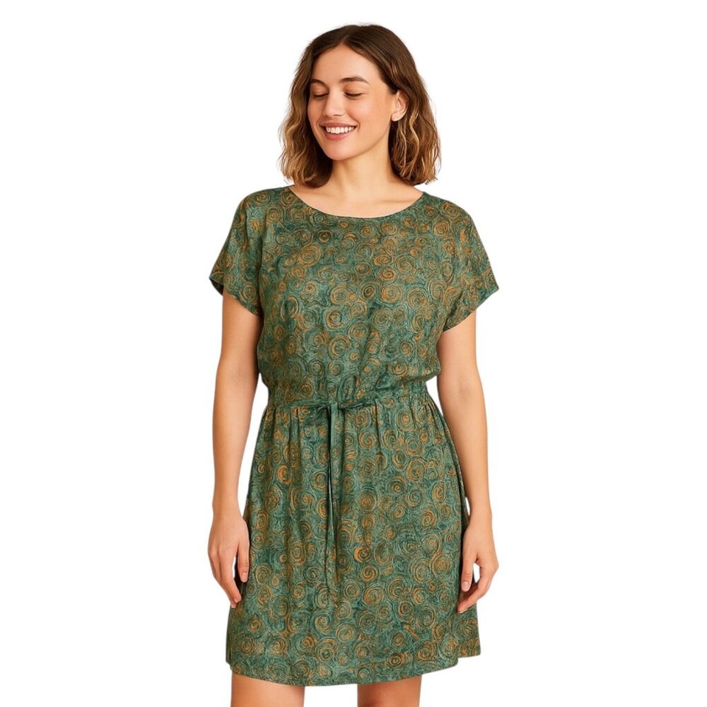 GO FISH Handmade Batik Rayon Dress M Green Gold Abstract Art Swirl Boho Chic